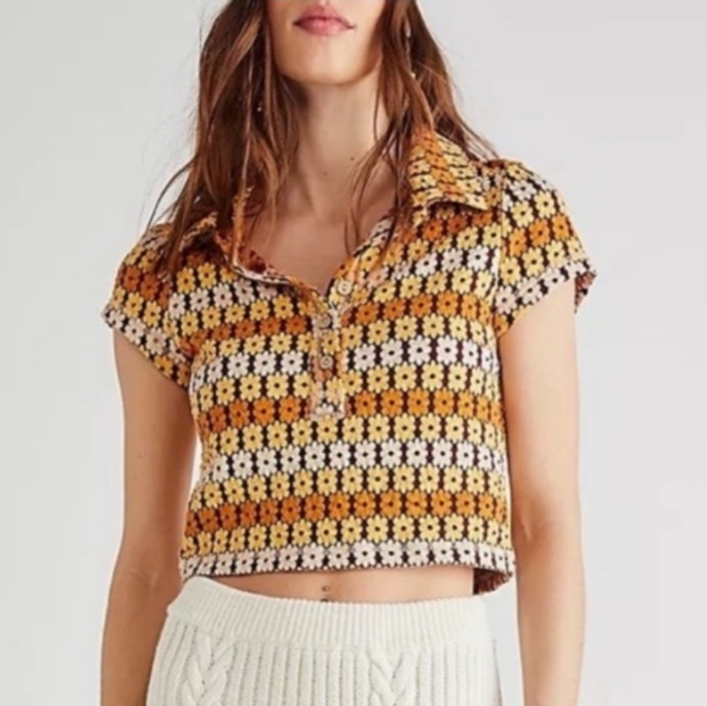 Free People Babe Town Tee Daisy Crop Polo Brown Combo Hippie Girlie Boho Cropped